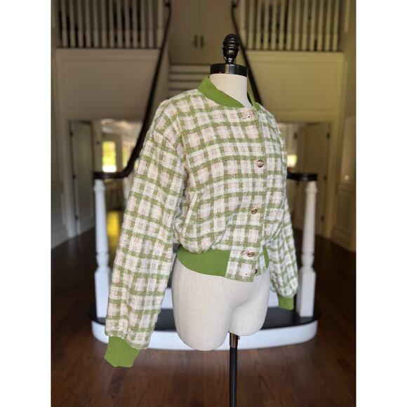 Green Plaid Boucle Bomber Jacket StreetStyle Casual School Fall Winter Spring - Picture 3 of 14